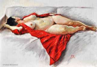 sleeping model red gown oil